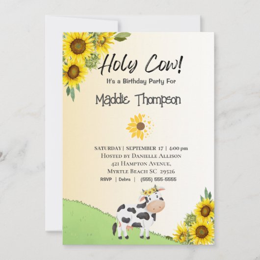 キッズカウヒマワリ女の子の男の子バースデーパーティー 招待状 (正面)