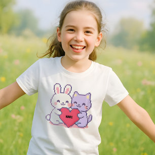 キッズカスタムかわいいピクセルバニーと猫ハートT-Shir Tシャツ