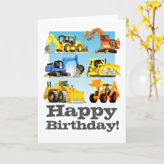 キッズカスタムイエローディガーショベルハッピーバースデー カード (黄色い花)