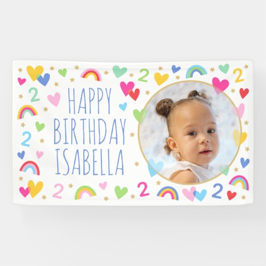 キッズカスタム誕生日年齢かわいい虹のハート写真 横断幕 (横)