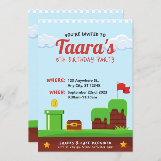 キッズカラフルビデオゲーム誕生日パーティーの招待 招待状 (正面/裏面)