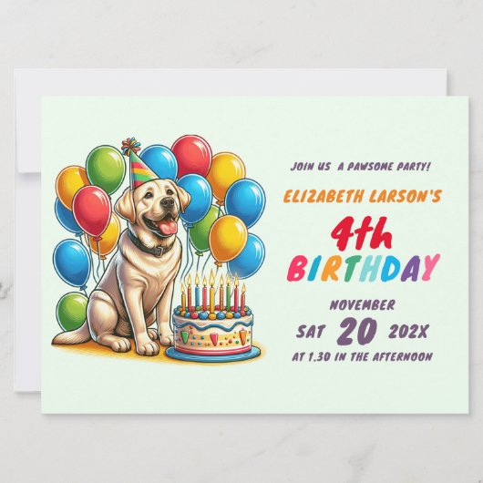 キッズカラフルラブラドールテーマ誕生日 招待状 (正面)