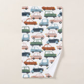 キッズカラフルレトロ車とトラックパターン バスタオルセット (ハンドタオル)