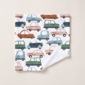キッズカラフルレトロ車とトラックパターン バスタオルセット (ウォッシュタオル)