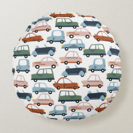 キッズカラフルレトロ車とトラックパターン ラウンドクッション