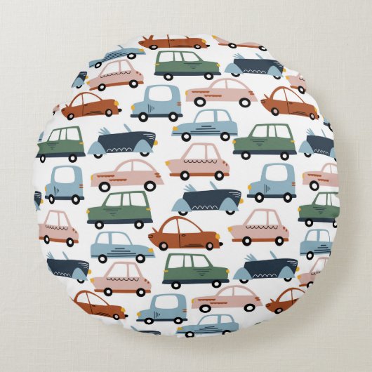 キッズカラフルレトロ車とトラックパターン ラウンドクッション (正面)