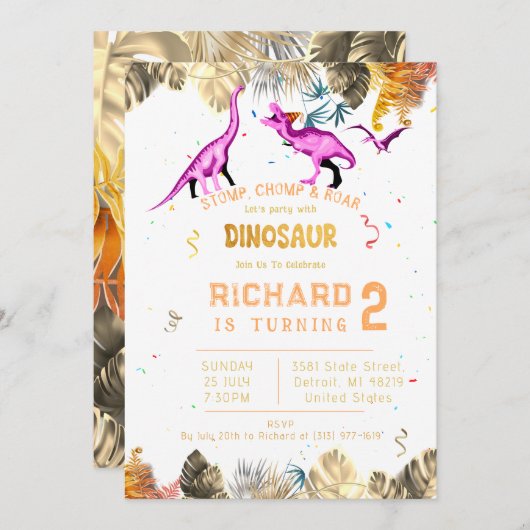 キッズカラフル恐竜テーマ誕生日パーティー 招待状 (正面/裏面)