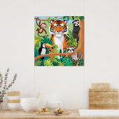 キッズカワイイ動物ジャングルタイガーモンキーバード ポスター (キッチン)