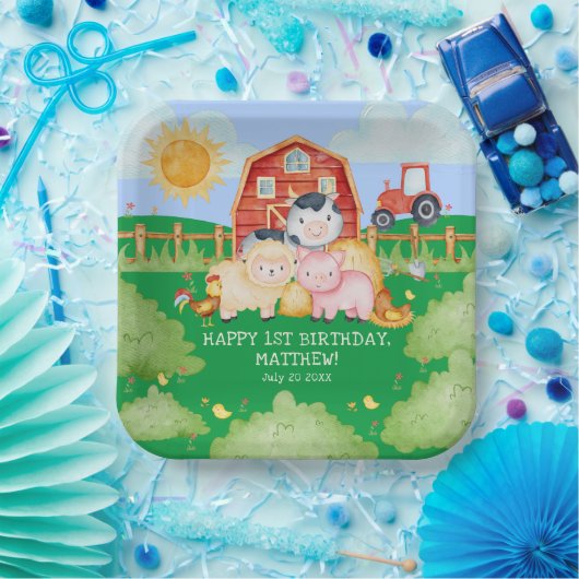 キッズカワイイ赤納屋周囲の庭牧場の動物 ペーパープレート (パーティー)