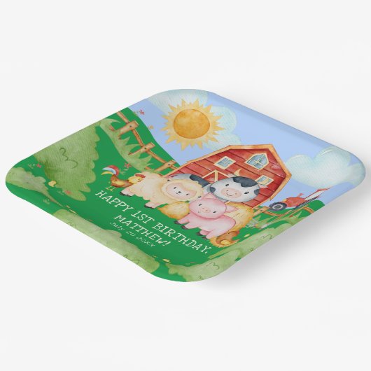 キッズカワイイ赤納屋周囲の庭牧場の動物 ペーパープレート (傾斜あり)