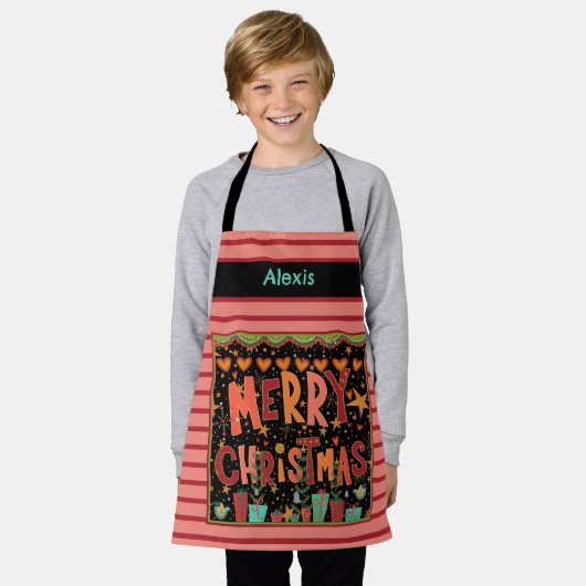 キッズカワイメリークリスマスネームカスタマイズピンク エプロン (着用した状態)
