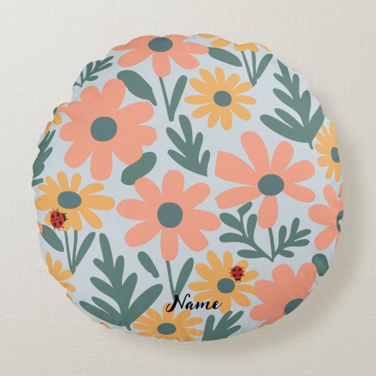 キッズカワイラディバグ水玉模様デイジー花柄 ラウンドクッション (正面)