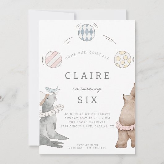 キッズカーニバルサーカス |女の子の誕生日パーティー 招待状 (正面)