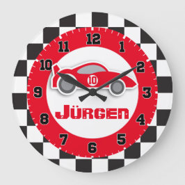 キッズカー市松模様にレッドフラグ名の壁時計 ラージ壁時計