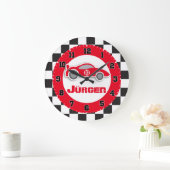 キッズカー市松模様にレッドフラグ名の壁時計 ラージ壁時計 (ホーム)