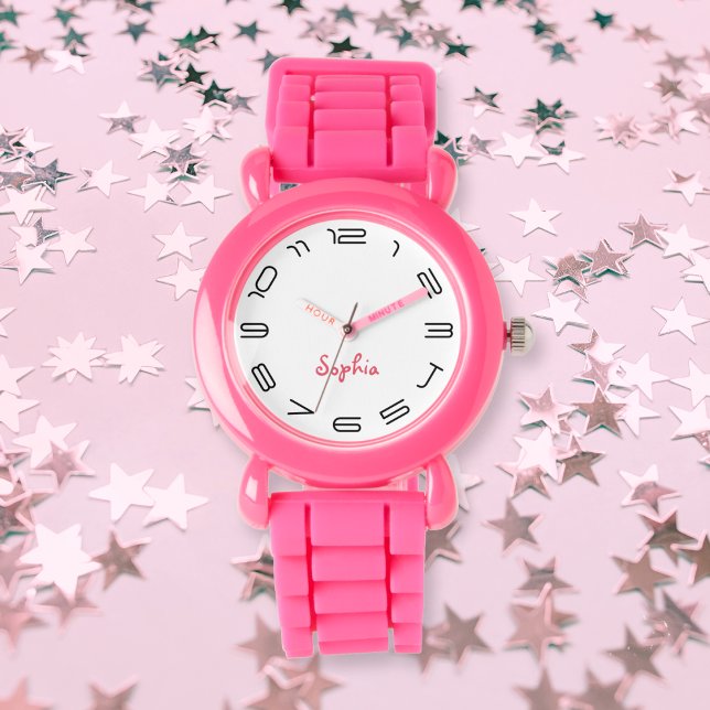キッズガールズシックモダンピンク名前をカスタムするモノグラム 腕時計 (Kids Girls Modern Chic Pink Custom Name Monogram Watch)