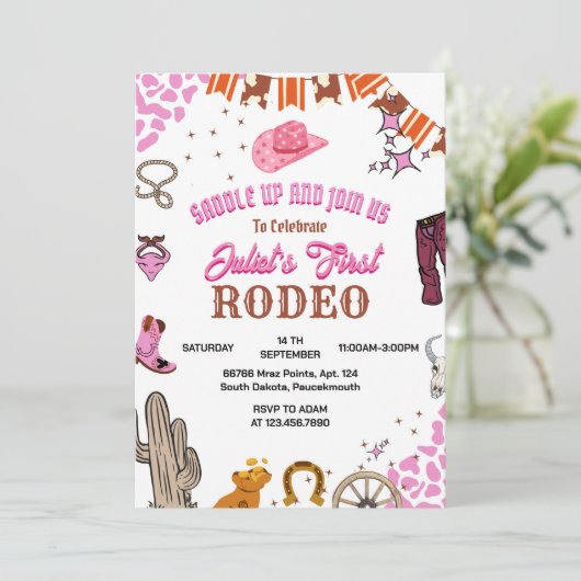 キッズガールラウンドファーストロデオ1パーティー誕生日 招待状 (スタンド正面)