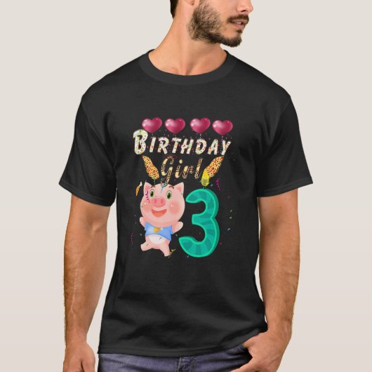 キッズキッズキッズ3歳ブタ誕生日ガールカワイイ3 Tシャツ (正面)
