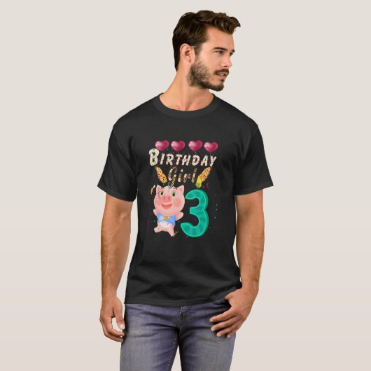 キッズキッズキッズ3歳ブタ誕生日ガールカワイイ3 Tシャツ (正面フル)