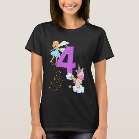 キッズキッズフェアリー誕生日パーティー4年テーマユニコ Tシャツ (正面)