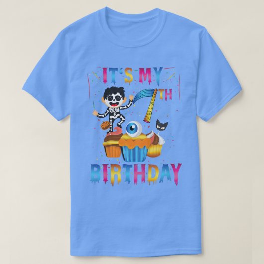 キッズキッズ私の7誕生日幽霊スケルトンホール Tシャツ (デザイン正面)