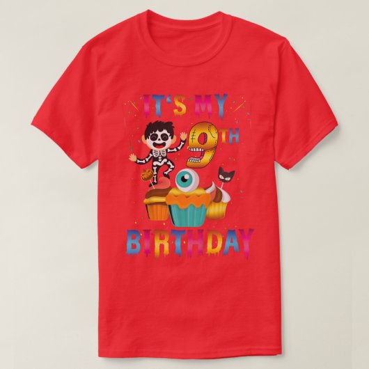 キッズキッズ私の9誕生日幽霊スケルトンホール Tシャツ (デザイン正面)