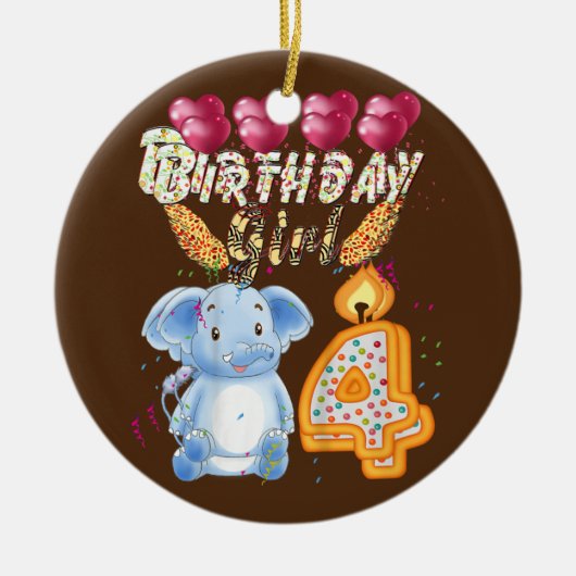キッズキッズ4歳ゾウ誕生日ガールカワイイ セラミックオーナメント (正面)