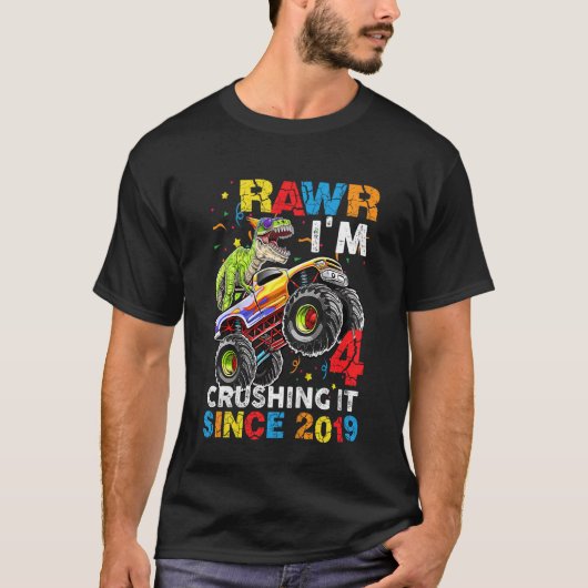 キッズキッズTRex恐竜モンスタートラック4th誕生日 Tシャツ (正面)
