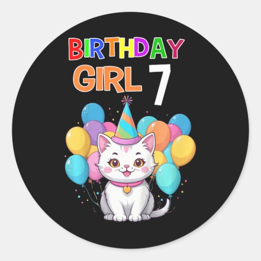 キッズキャット誕生日7 Birthday Partyガールズ7誕生 ラウンドシール (正面)
