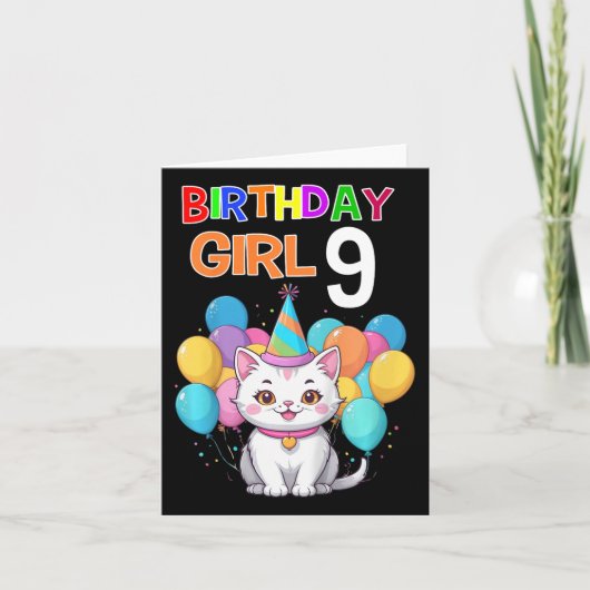 キッズキャット誕生日9 Birthday Partyガールズ9誕生 カード (正面)