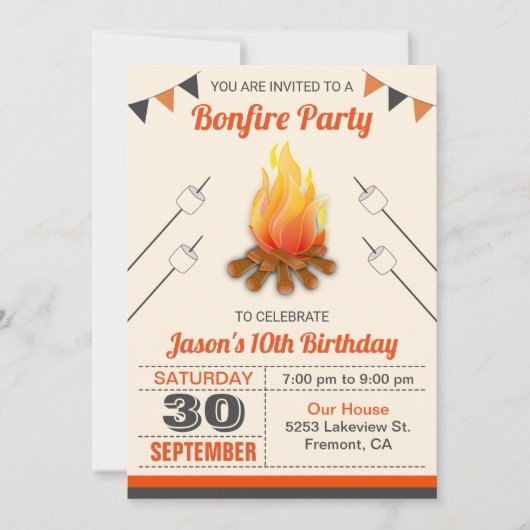 キッズキャンプアウトボンスファイアバースデーパーティーの招待 招待状 (正面)
