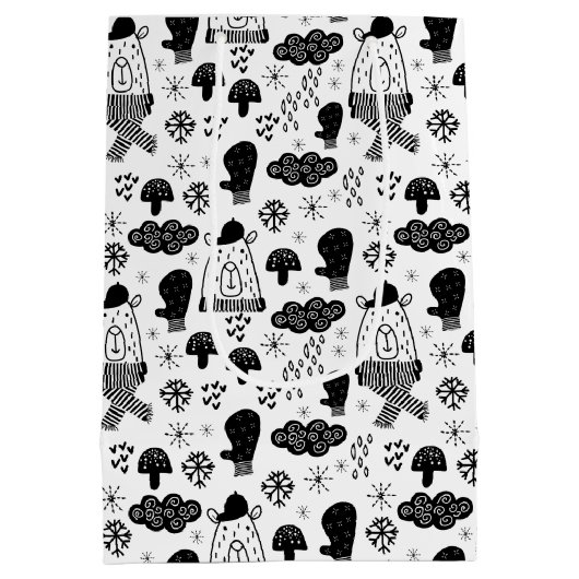 キッズキュートウィンターベアーハットミッテン雪の雲B/W ミディアムペーパーバッグ (裏面)