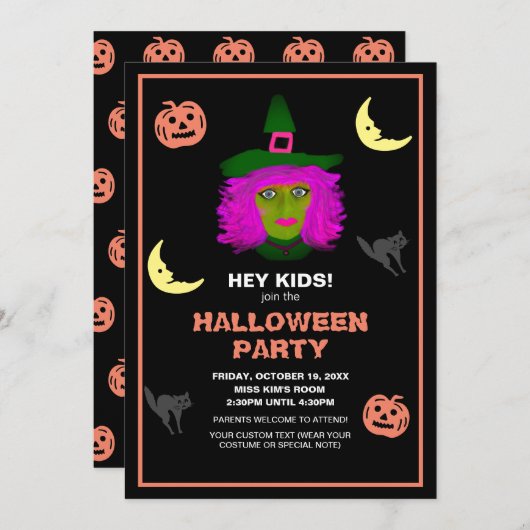 キッズキュートハロウィーンテーマブラックオレンジパーティー 招待状 (正面/裏面)