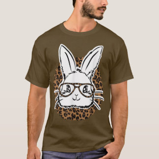 キッズキュートバニー顔レオパードおもしろいグラスバニーE Tシャツ
