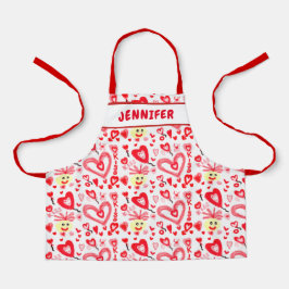 キッズキュートバレンティンレッドピンクハートドードルズ名 エプロン