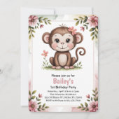 キッズキュートピンクモンキー1st誕生日パーティー 招待状 (正面)