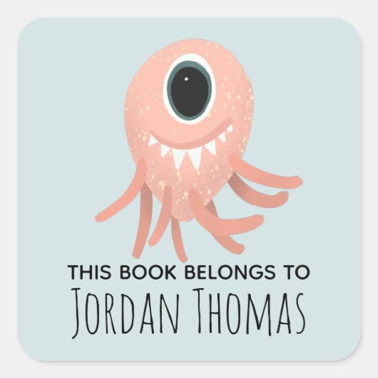 キッズキュートピンクモンスタースクール蔵書票 スクエアシール (正面)