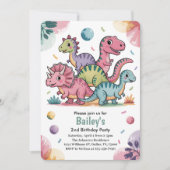 キッズキュートピンク恐竜2nd誕生日パーティー 招待状 (正面)