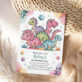 キッズキュートピンク恐竜4歳の誕生日パーティー 招待状