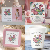 キッズキュートピンク恐竜6thバースデーパーティー 招待状