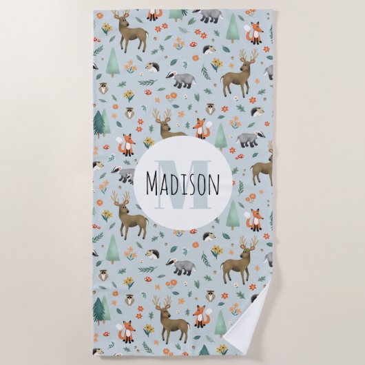 キッズキュート森の動物キッズモノグラム ビーチタオル (正面)