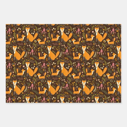 キッズキュート森キツネファミリーキノコ花 ラッピングペーパーシート (正面3)