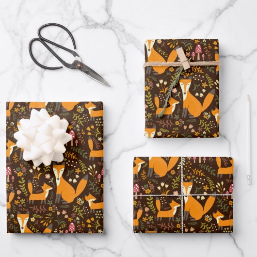 キッズキュート森キツネファミリーキノコ花 ラッピングペーパーシート (正面)