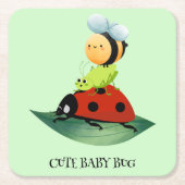 キッズキュート赤いテングバチ緑の葉の上に蜂の虫 スクエアペーパーコースター (正面)