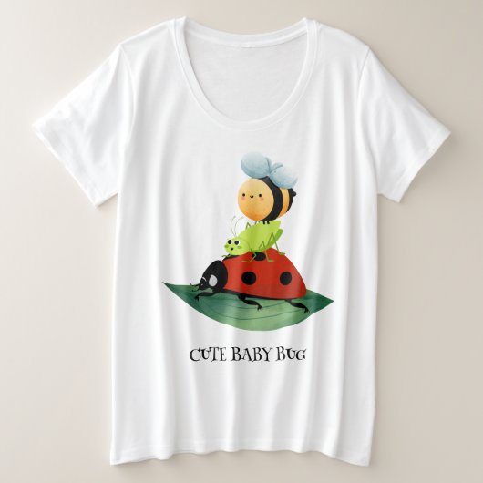 キッズキュート赤いテングバチ緑の葉の上に蜂の虫 プラスサイズTシャツ (デザイン正面)