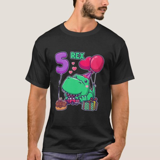 キッズキュート3レックス第5誕生日第3恐竜5 Tシャツ (正面)