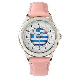 キッズギリシャ国旗ピンクレザーストラップウォッチ 腕時計