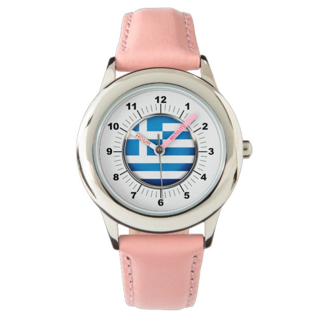 キッズギリシャ国旗ピンクレザーストラップウォッチ 腕時計 (正面)