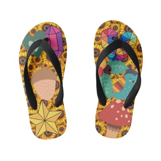 キッズクカラフルリップアートコラージフラワーズスターレインボー キッズビーチサンダル (フットベッド)