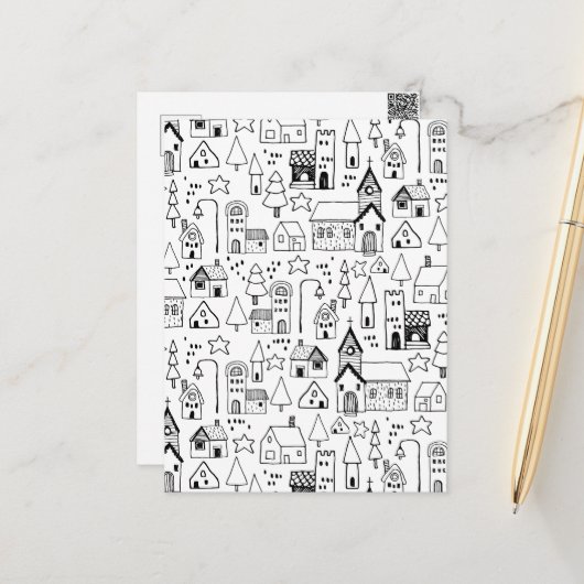 キッズクリスマスお洒落ビレッジブラック&ホワイト招待状 ポストカード (正面/裏面インサイチュ)